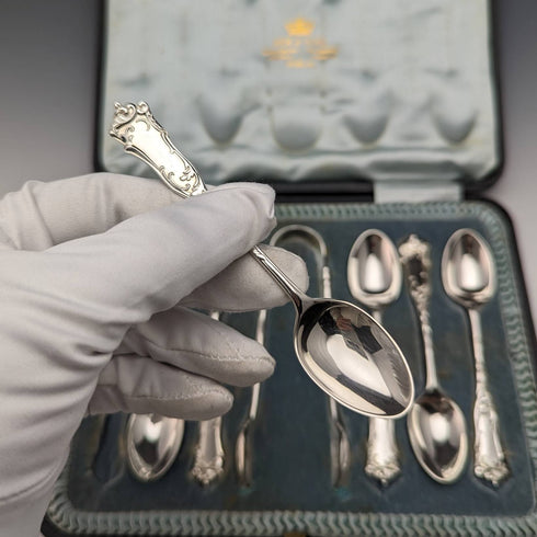1903 British antique sterling silver teaspoon set of 6 Joseph Rodgers case